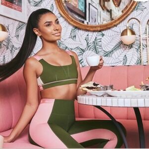 NWT New Ayda Laser Cut Performance Leggings Olive Blush Color Block Size Large L